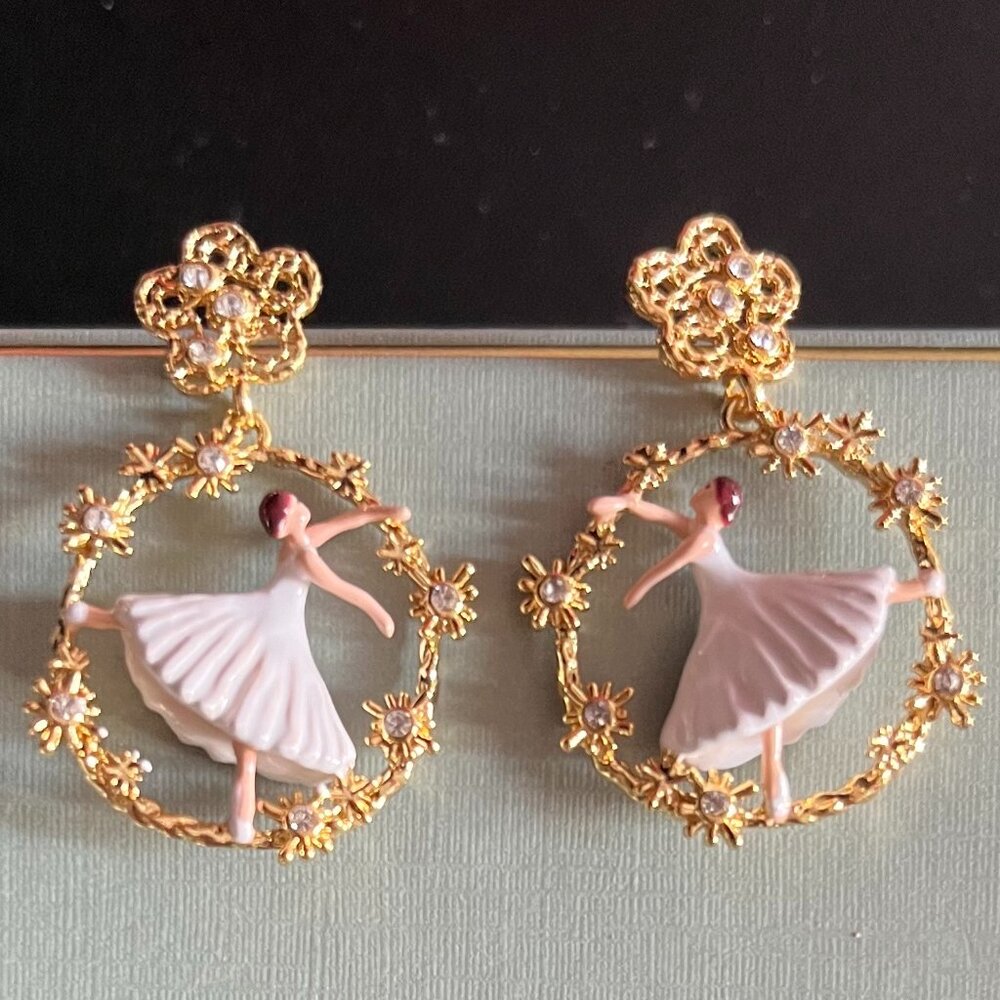 Golden Dancing Ballerina Filigree Post Hoop Earrings